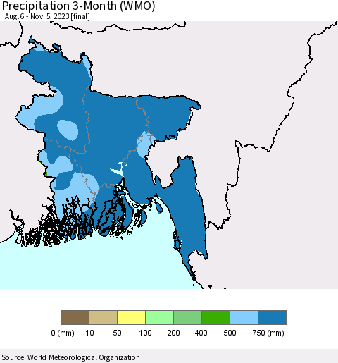 Bangladesh Precipitation 3-Month (WMO) Thematic Map For 8/6/2023 - 11/5/2023