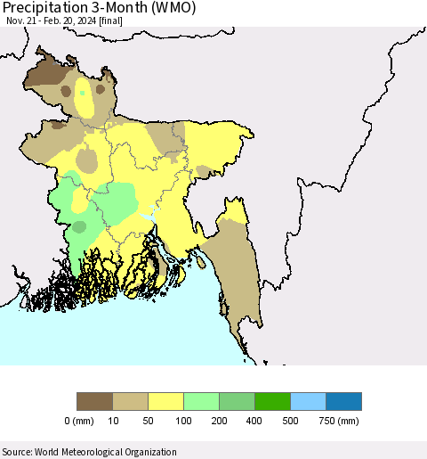 Bangladesh Precipitation 3-Month (WMO) Thematic Map For 11/21/2023 - 2/20/2024