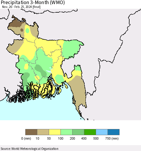Bangladesh Precipitation 3-Month (WMO) Thematic Map For 11/26/2023 - 2/25/2024