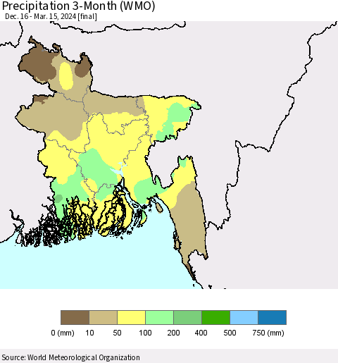 Bangladesh Precipitation 3-Month (WMO) Thematic Map For 12/16/2023 - 3/15/2024