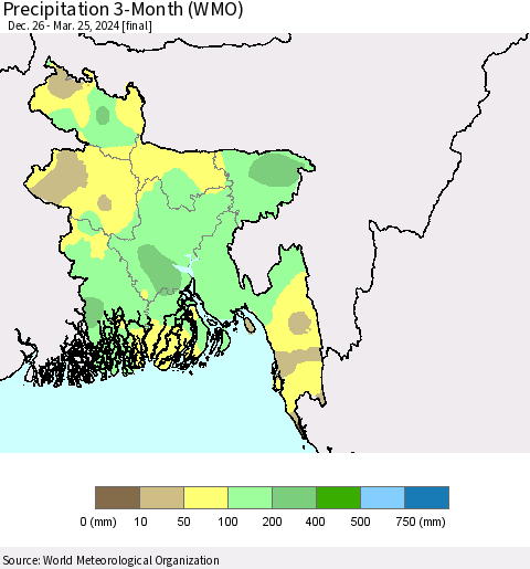 Bangladesh Precipitation 3-Month (WMO) Thematic Map For 12/26/2023 - 3/25/2024