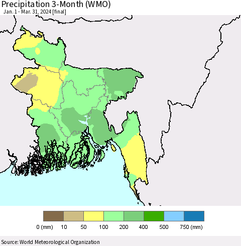 Bangladesh Precipitation 3-Month (WMO) Thematic Map For 1/1/2024 - 3/31/2024