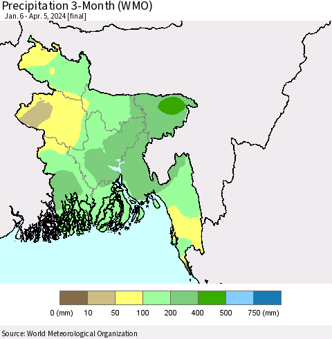 Bangladesh Precipitation 3-Month (WMO) Thematic Map For 1/6/2024 - 4/5/2024