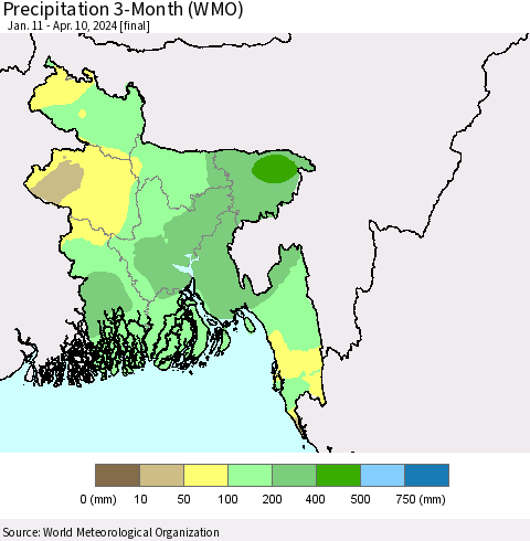 Bangladesh Precipitation 3-Month (WMO) Thematic Map For 1/11/2024 - 4/10/2024