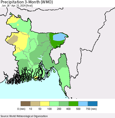 Bangladesh Precipitation 3-Month (WMO) Thematic Map For 1/26/2024 - 4/25/2024