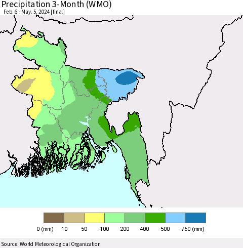 Bangladesh Precipitation 3-Month (WMO) Thematic Map For 2/6/2024 - 5/5/2024