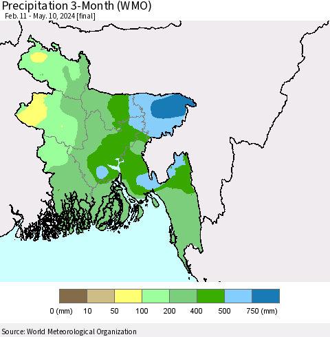 Bangladesh Precipitation 3-Month (WMO) Thematic Map For 2/11/2024 - 5/10/2024