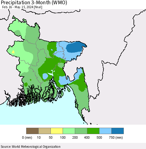 Bangladesh Precipitation 3-Month (WMO) Thematic Map For 2/16/2024 - 5/15/2024