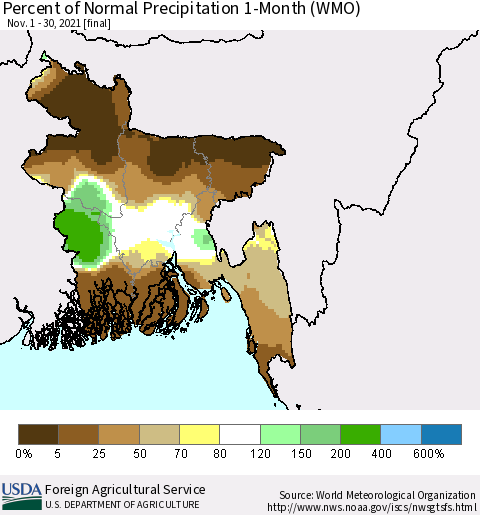 Bangladesh Percent of Normal Precipitation 1-Month (WMO) Thematic Map For 11/1/2021 - 11/30/2021