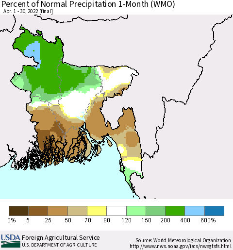 Bangladesh Percent of Normal Precipitation 1-Month (WMO) Thematic Map For 4/1/2022 - 4/30/2022
