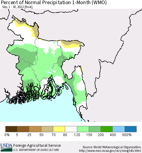 Bangladesh Percent of Normal Precipitation 1-Month (WMO) Thematic Map For 9/1/2022 - 9/30/2022