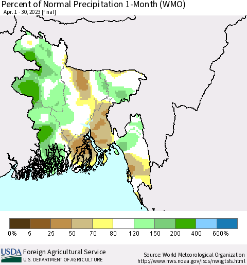 Bangladesh Percent of Normal Precipitation 1-Month (WMO) Thematic Map For 4/1/2023 - 4/30/2023
