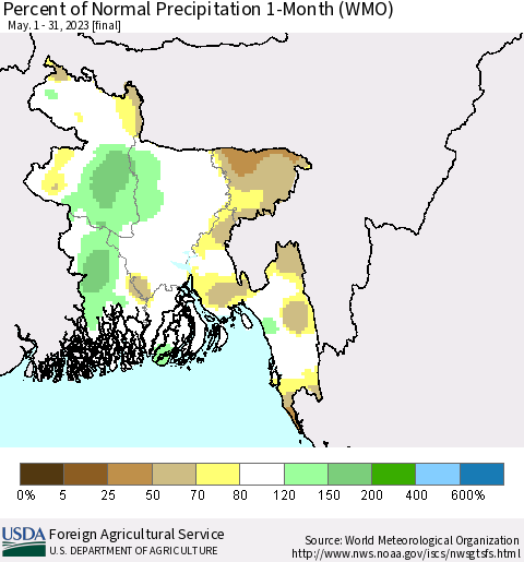 Bangladesh Percent of Normal Precipitation 1-Month (WMO) Thematic Map For 5/1/2023 - 5/31/2023