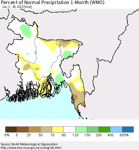 Bangladesh Percent of Normal Precipitation 1-Month (WMO) Thematic Map For 6/1/2023 - 6/30/2023
