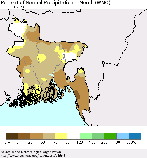 Bangladesh Percent of Normal Precipitation 1-Month (WMO) Thematic Map For 7/1/2023 - 7/31/2023