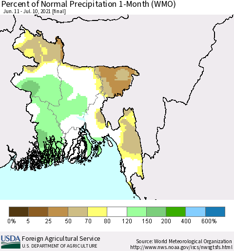 Bangladesh Percent of Normal Precipitation 1-Month (WMO) Thematic Map For 6/11/2021 - 7/10/2021