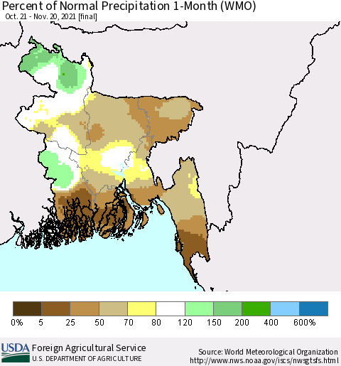 Bangladesh Percent of Normal Precipitation 1-Month (WMO) Thematic Map For 10/21/2021 - 11/20/2021