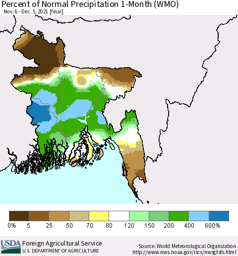 Bangladesh Percent of Normal Precipitation 1-Month (WMO) Thematic Map For 11/6/2021 - 12/5/2021