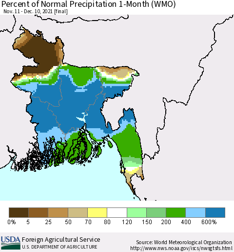 Bangladesh Percent of Normal Precipitation 1-Month (WMO) Thematic Map For 11/11/2021 - 12/10/2021