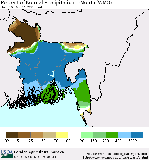 Bangladesh Percent of Normal Precipitation 1-Month (WMO) Thematic Map For 11/16/2021 - 12/15/2021