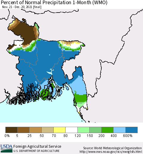 Bangladesh Percent of Normal Precipitation 1-Month (WMO) Thematic Map For 11/21/2021 - 12/20/2021