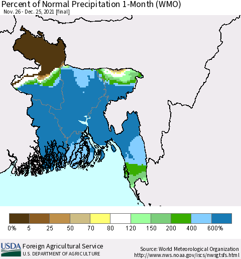Bangladesh Percent of Normal Precipitation 1-Month (WMO) Thematic Map For 11/26/2021 - 12/25/2021