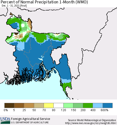 Bangladesh Percent of Normal Precipitation 1-Month (WMO) Thematic Map For 12/1/2021 - 12/31/2021