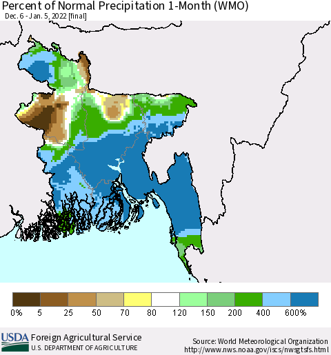 Bangladesh Percent of Normal Precipitation 1-Month (WMO) Thematic Map For 12/6/2021 - 1/5/2022