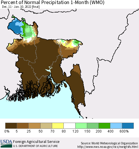 Bangladesh Percent of Normal Precipitation 1-Month (WMO) Thematic Map For 12/11/2021 - 1/10/2022