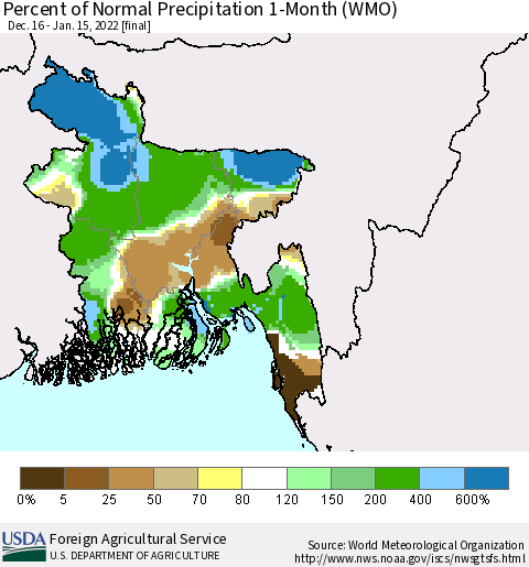 Bangladesh Percent of Normal Precipitation 1-Month (WMO) Thematic Map For 12/16/2021 - 1/15/2022