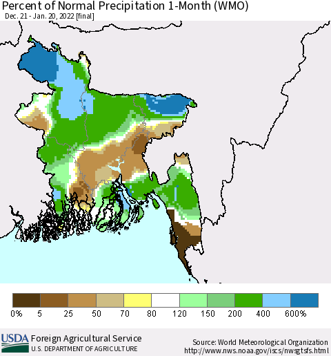 Bangladesh Percent of Normal Precipitation 1-Month (WMO) Thematic Map For 12/21/2021 - 1/20/2022