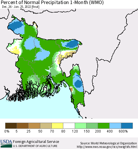 Bangladesh Percent of Normal Precipitation 1-Month (WMO) Thematic Map For 12/26/2021 - 1/25/2022