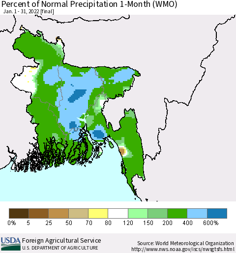 Bangladesh Percent of Normal Precipitation 1-Month (WMO) Thematic Map For 1/1/2022 - 1/31/2022