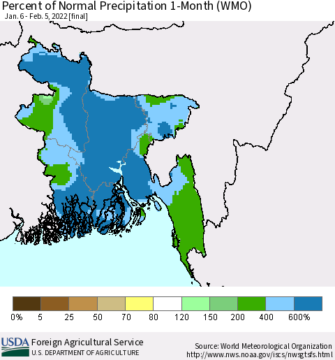 Bangladesh Percent of Normal Precipitation 1-Month (WMO) Thematic Map For 1/6/2022 - 2/5/2022