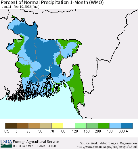 Bangladesh Percent of Normal Precipitation 1-Month (WMO) Thematic Map For 1/11/2022 - 2/10/2022