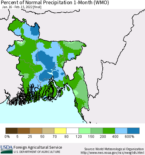 Bangladesh Percent of Normal Precipitation 1-Month (WMO) Thematic Map For 1/16/2022 - 2/15/2022