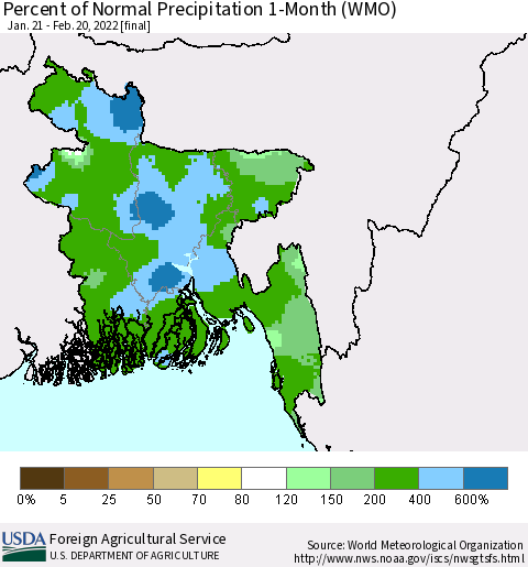 Bangladesh Percent of Normal Precipitation 1-Month (WMO) Thematic Map For 1/21/2022 - 2/20/2022