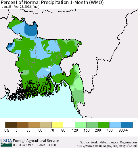 Bangladesh Percent of Normal Precipitation 1-Month (WMO) Thematic Map For 1/26/2022 - 2/25/2022