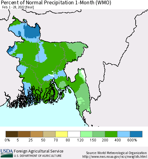 Bangladesh Percent of Normal Precipitation 1-Month (WMO) Thematic Map For 2/1/2022 - 2/28/2022