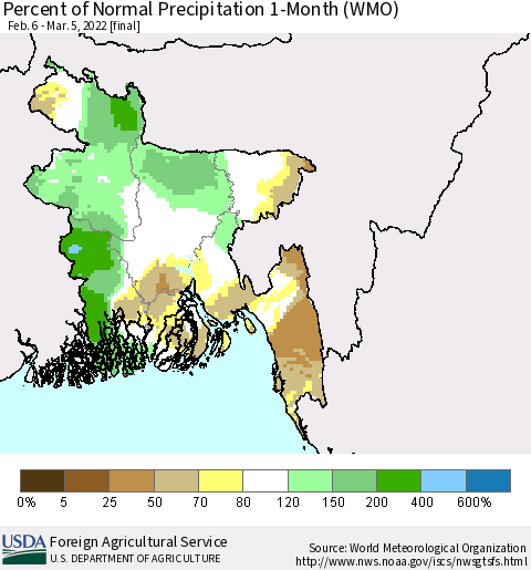 Bangladesh Percent of Normal Precipitation 1-Month (WMO) Thematic Map For 2/6/2022 - 3/5/2022