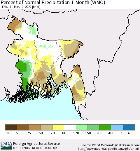 Bangladesh Percent of Normal Precipitation 1-Month (WMO) Thematic Map For 2/11/2022 - 3/10/2022
