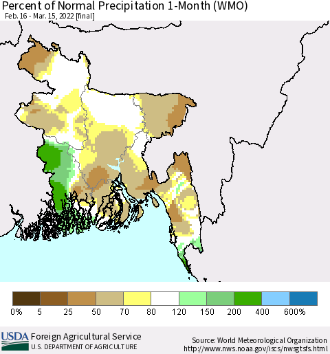 Bangladesh Percent of Normal Precipitation 1-Month (WMO) Thematic Map For 2/16/2022 - 3/15/2022