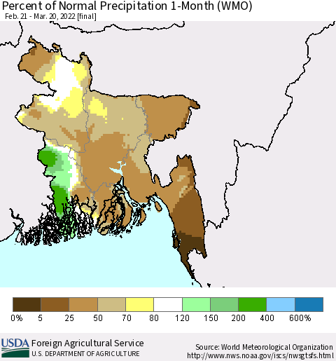 Bangladesh Percent of Normal Precipitation 1-Month (WMO) Thematic Map For 2/21/2022 - 3/20/2022