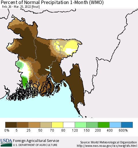 Bangladesh Percent of Normal Precipitation 1-Month (WMO) Thematic Map For 2/26/2022 - 3/25/2022