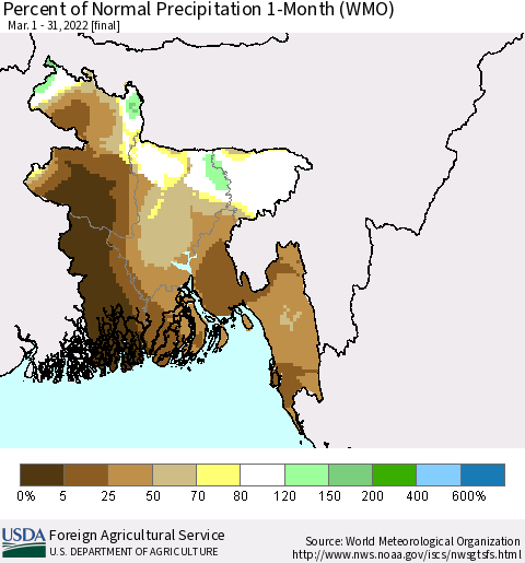 Bangladesh Percent of Normal Precipitation 1-Month (WMO) Thematic Map For 3/1/2022 - 3/31/2022