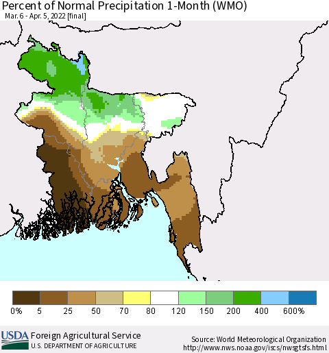 Bangladesh Percent of Normal Precipitation 1-Month (WMO) Thematic Map For 3/6/2022 - 4/5/2022