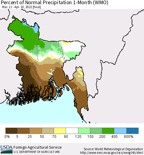 Bangladesh Percent of Normal Precipitation 1-Month (WMO) Thematic Map For 3/11/2022 - 4/10/2022