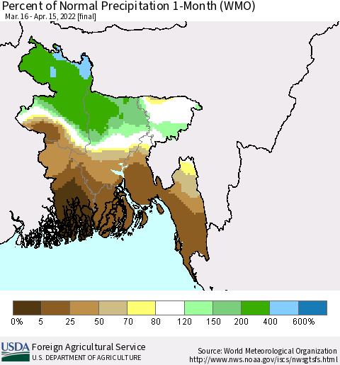 Bangladesh Percent of Normal Precipitation 1-Month (WMO) Thematic Map For 3/16/2022 - 4/15/2022