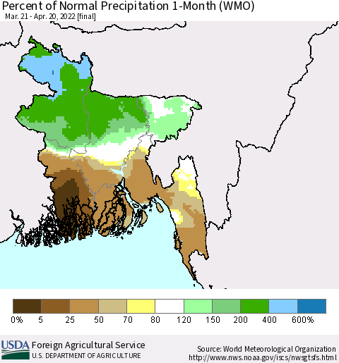 Bangladesh Percent of Normal Precipitation 1-Month (WMO) Thematic Map For 3/21/2022 - 4/20/2022