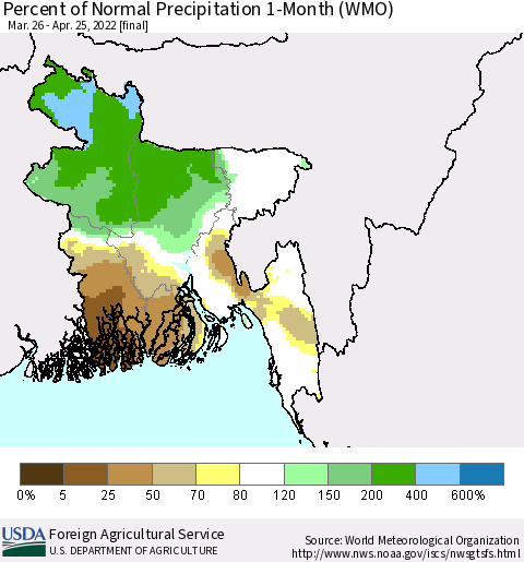 Bangladesh Percent of Normal Precipitation 1-Month (WMO) Thematic Map For 3/26/2022 - 4/25/2022